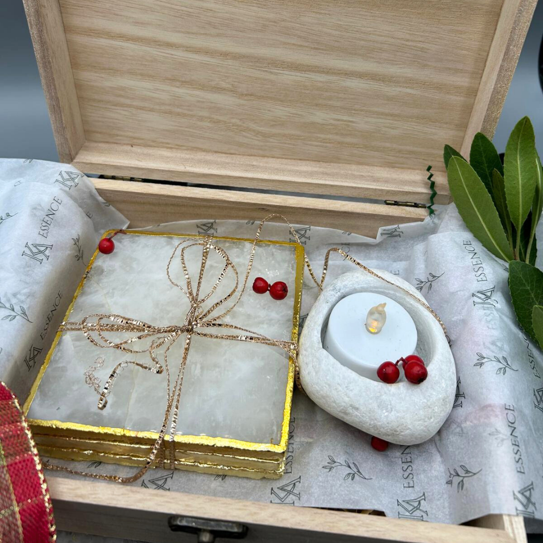 Luxe Coaster Pebble Duo (Semi-Precious Stone Coaster (4) and Pebble T-Light)