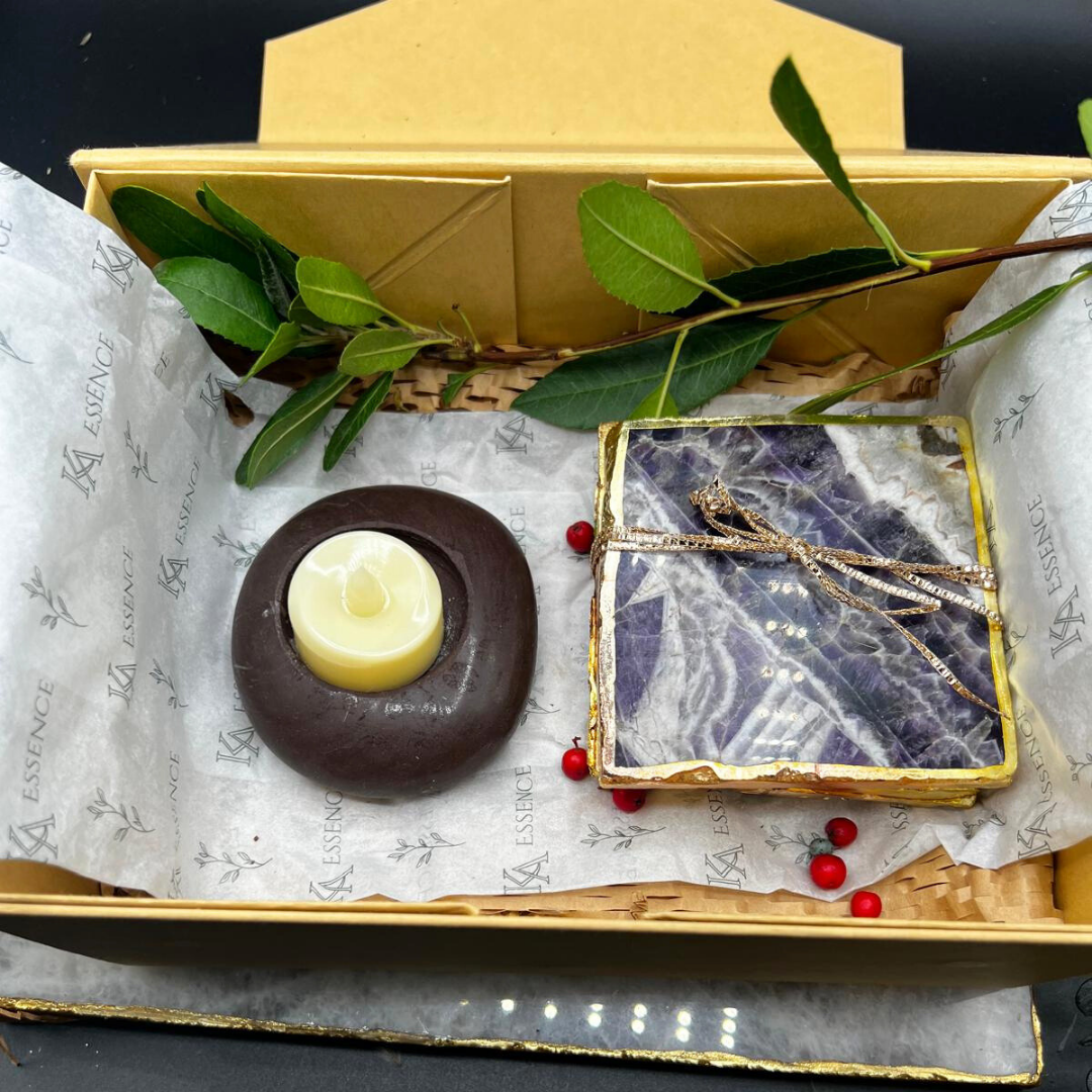 Luxe Coaster Pebble Duo (Semi-Precious Stone Coaster (4) and Pebble T-Light)