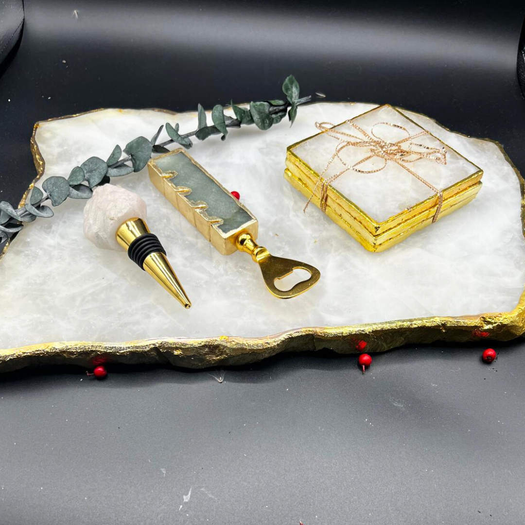 Luxe Coaster Bar Trio (Semi-Precious Coaster, Opener and Cork)