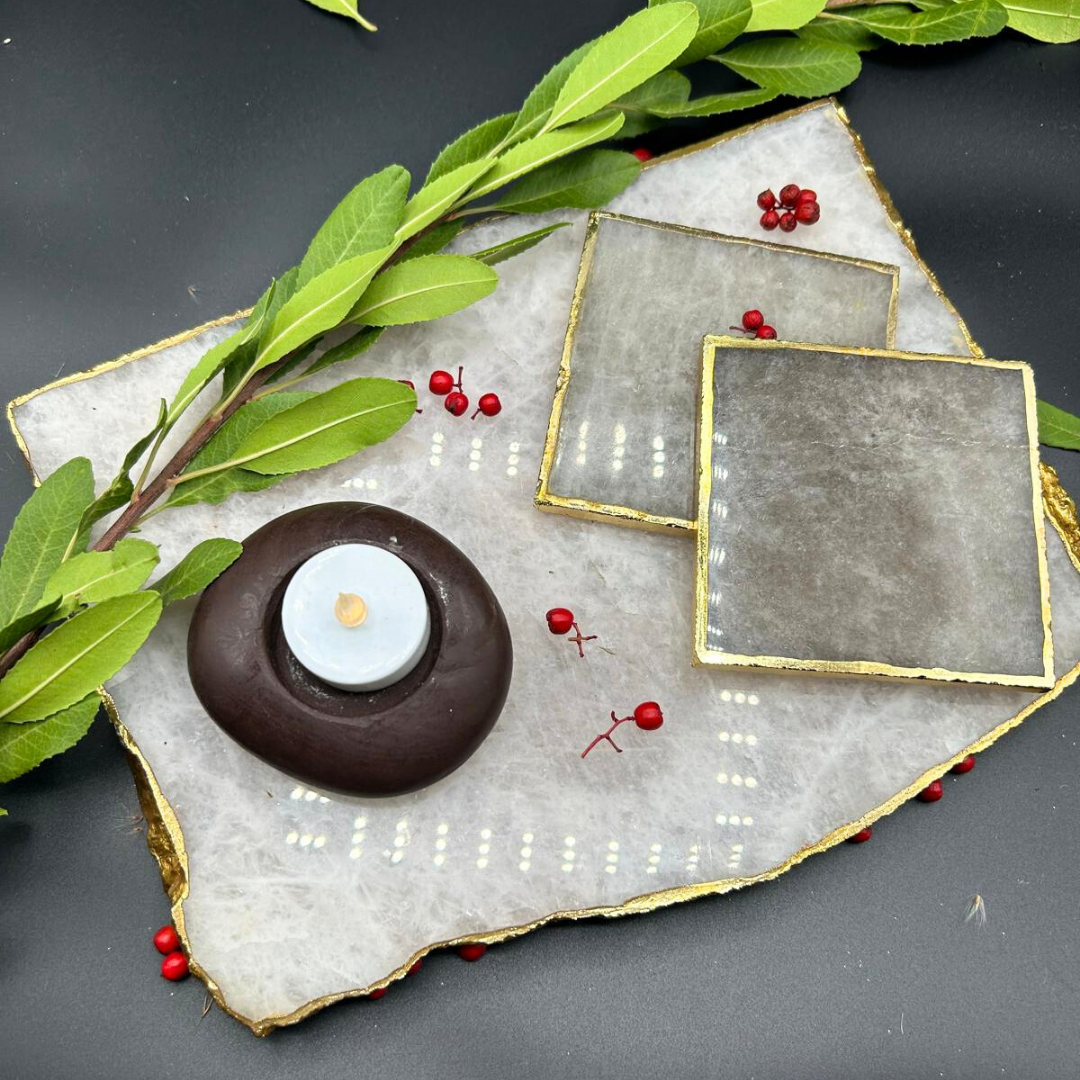 Luxe Coaster Pebble Duo (Semi-Precious Stone Coaster (2) and Pebble T-Light)