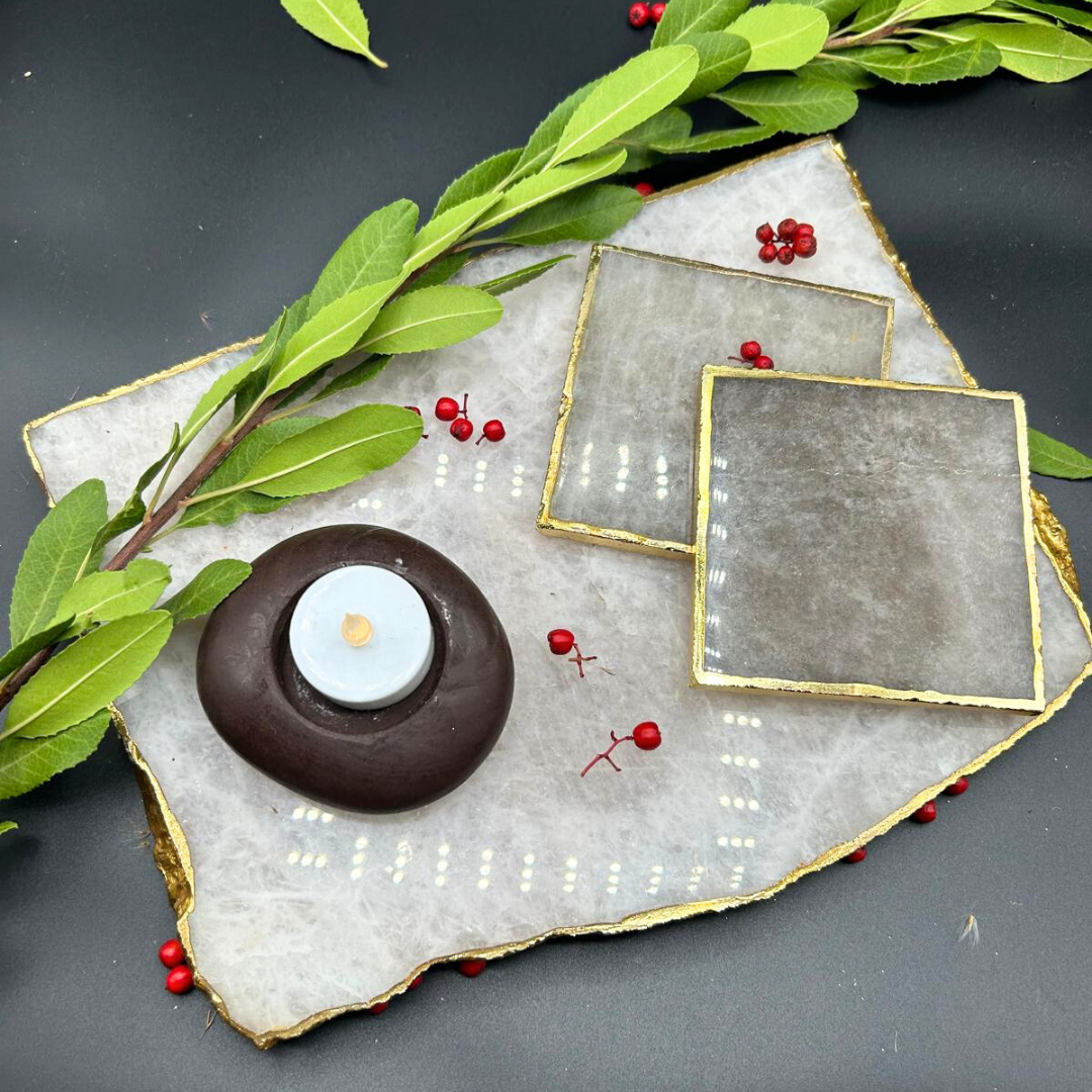 Luxe Coaster Pebble Duo (Semi-Precious Stone Coaster (2) and Pebble T-Light)