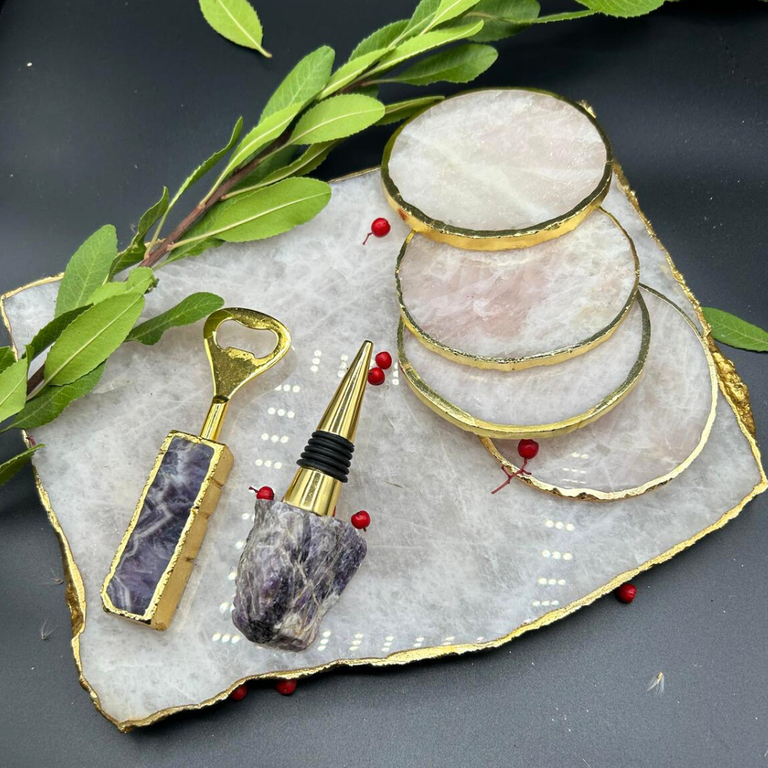 Luxe Coaster Bar Trio (Semi-Precious Coaster, Opener and Cork)