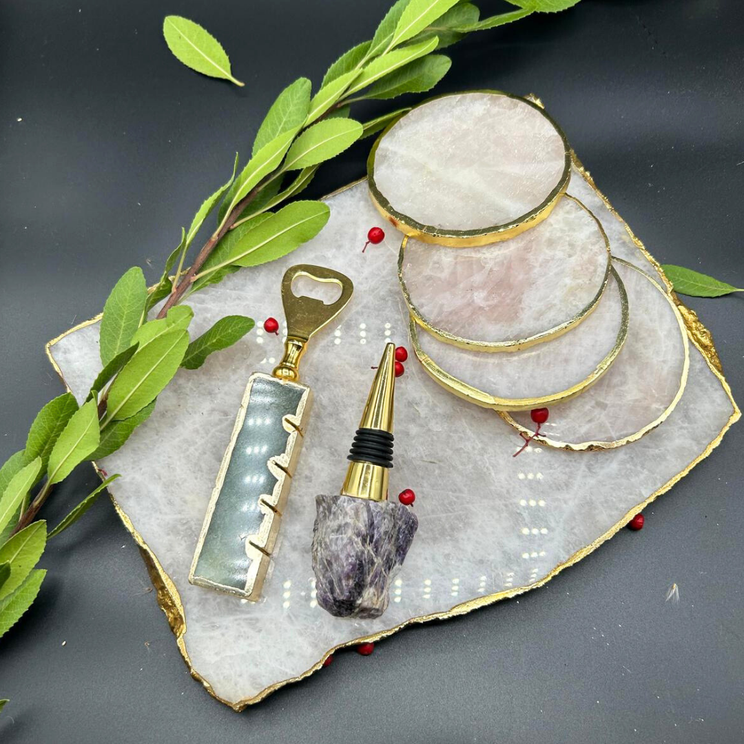 Luxe Coaster Bar Trio (Semi-Precious Coaster, Opener and Cork)