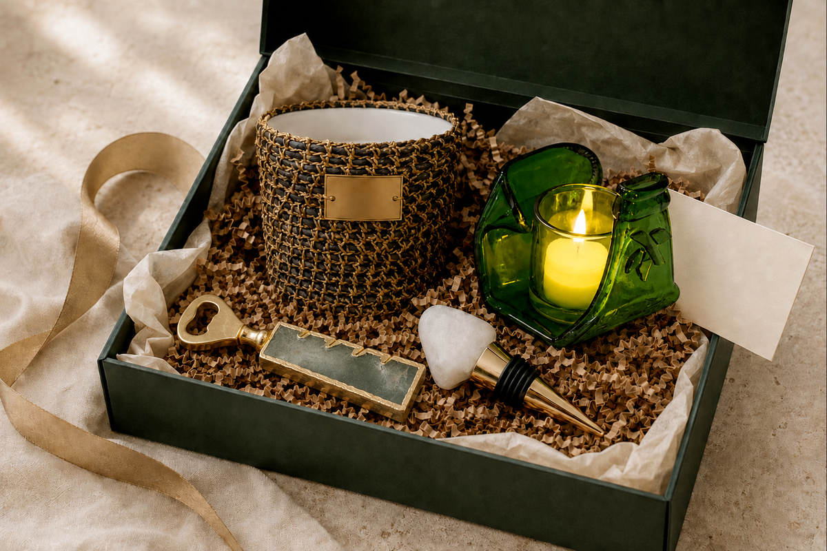 A KA wooden gift box presented with semi-precious stone bottle corks