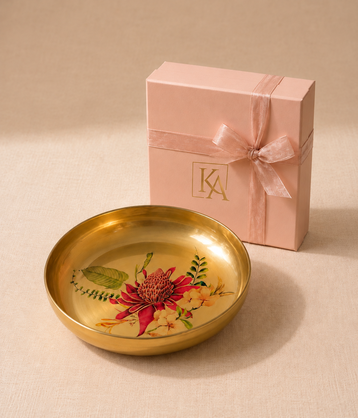 Gift pieces laid out while a box is put together